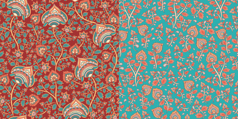Floral pattern in oriental style. Indian style. Kalamkari. A set of two seamless patterns.