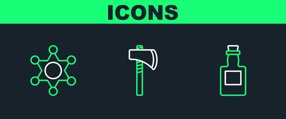 Set line Tequila bottle, Hexagram sheriff and Tomahawk axe icon. Vector