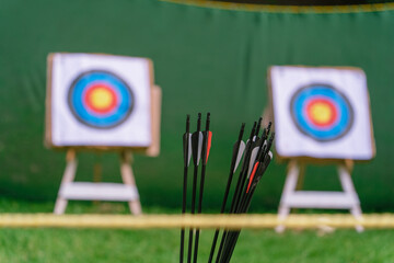 Arrows and plumage against the background of targets close-up for archery. Sports equipment for...