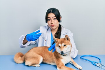 Beautiful hispanic veterinarian woman putting vaccine to puppy dog puffing cheeks with funny face. mouth inflated with air, catching air. - obrazy, fototapety, plakaty