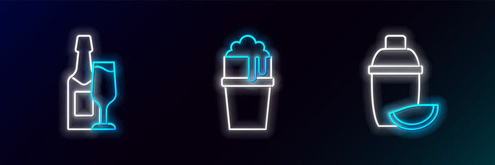 Set line Cocktail shaker with lime, Champagne bottle and glass and Glass of beer icon. Glowing neon. Vector