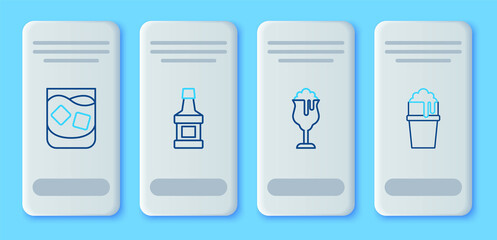 Set line Whiskey bottle, Glass of beer, whiskey and icon. Vector