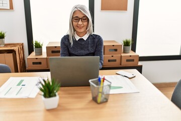 Middle age grey-haired woman business worker using laptop working at office