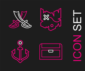 Set line Antique treasure chest, Anchor, Pirate map and Crossed pirate swords icon. Vector