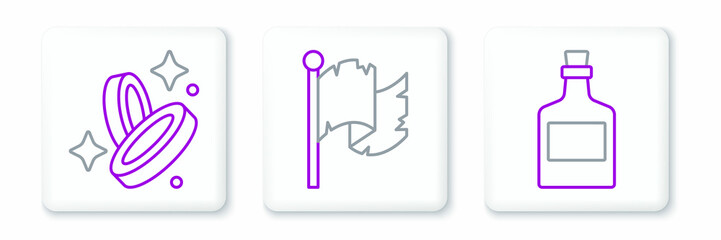 Set line Alcohol drink Rum, Pirate coin and flag icon. Vector