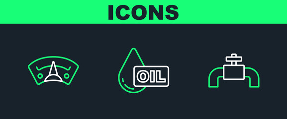 Set line Metallic pipes and valve, Motor gas gauge and Oil drop icon. Vector