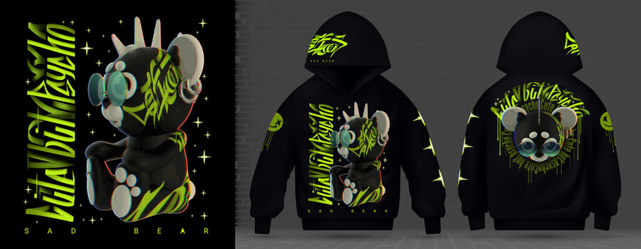 Modern collection of acid print. Cute but psycho. Punk Teddy bear with mohawk in techno style, rave music with neon 3d realistic psychedelic green. Street art graffiti print for hoodie vector
