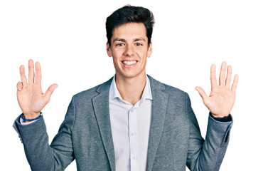 Young hispanic man wearing business clothes showing and pointing up with fingers number nine while...