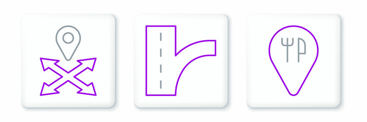 Set line Cafe and restaurant location, Location and Road traffic sign icon. Vector