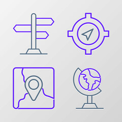 Set line Earth globe, Folded map with location marker, Compass and Road traffic sign icon. Vector