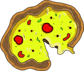 Illustration of a slice of pizza with vegetables. Delicious pizza with melted cheese.