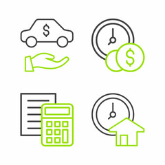 Set line Time is money, Calculator, and Car rental icon. Vector