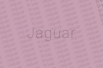 Word Jaguar in languages of world. Logo Jaguar on Purple color