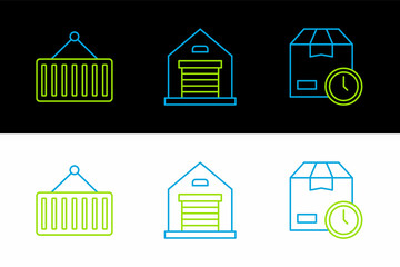 Set line Cardboard box with clock, Container on crane and Warehouse icon. Vector
