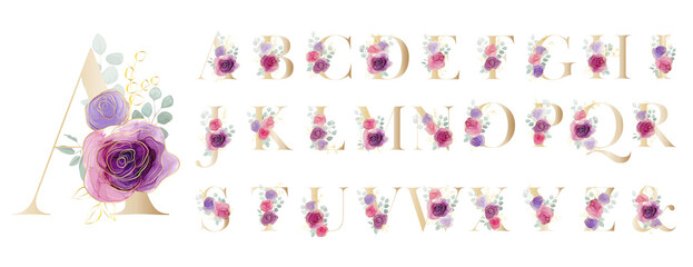 Floral Alphabet. Set letters with the botanical bouquet. Vector illustration.