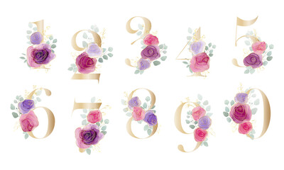 Floral Number. Set digits with a botanical bouquet. Vector illustration. - obrazy, fototapety, plakaty