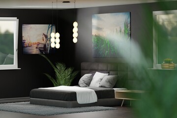 A bedroom with a large bed with dark walls and two windows. Room arrangement concept. 3d rendering, 3d illustration.