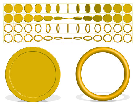 Gold coins and rings with all turning angles for animation in games, use in art and animated gifs. Facilitates the animation. There are 13 different angles for each rotation, horizontal and vertical. 
