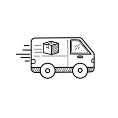 Delivery van icon in doodle style isolated on white background