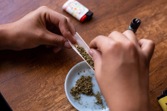 manos armando un blunt de marihuana (Cannabis). Concepto de medicina natural.