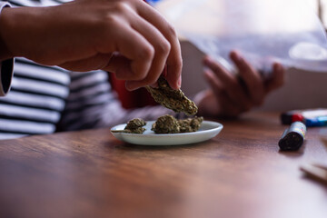 mont√≥n de marihuana (Cannabis). Concepto de medicina natural. © artrolopzimages