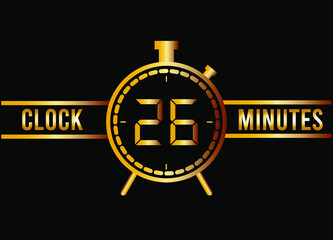 Fototapeta premium 26 minutes clock gold isolated on black background. Watch, timer and countdown symbol.