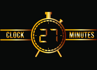 27 minutes clock gold isolated on black background. Watch, timer and countdown symbol.