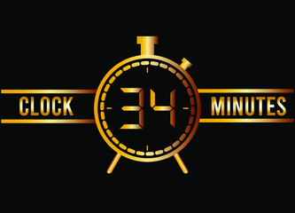 34 minutes clock gold isolated on black background. Watch, timer and countdown symbol.