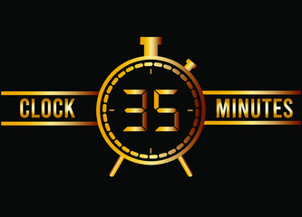 35 minutes clock gold isolated on black background. Watch, timer and countdown symbol.