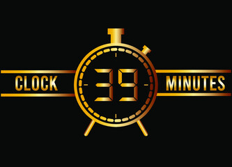 39 minutes clock gold isolated on black background. Watch, timer and countdown symbol.