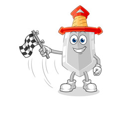 sword hold finish flag. cartoon mascot vector