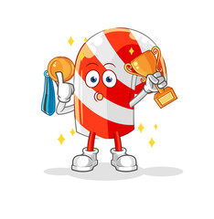 candy cane winner with trophie. cartoon character