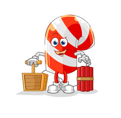 candy cane holding dynamite detonator. cartoon mascot vector