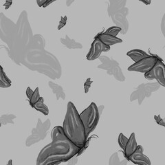 Watercolor pattern dark butterfly exotic on a gray background for your seamless design, hand drawn illustration