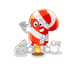 candy cane roasting marshmallows. cartoon mascot vector