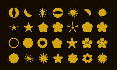 Gold foil sun and moon geometric minimalist graphic elements. Abstract simple shape icon set. Y2k vector sparkles, stars