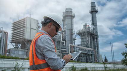 worker using tablet. industrial engineer in Oil factory. Engineer wearing PPE uniform and helmet looking detail tablet on hand with power plant on background.