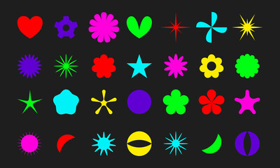 Psychedelic acid geometric minimalist graphic elements. Abstract simple shape icons set. Fun y2k vector flowers, sparkle
