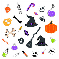 Halloween clip art. pumpkin, skull, witch hat, bones, potion, broom
