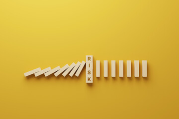Risk management concept. Top view wooden block stopping domino effect for business. 3d render illustration