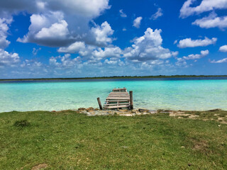 Dock on the lake of 7 colors at Bacalar, Mexico.