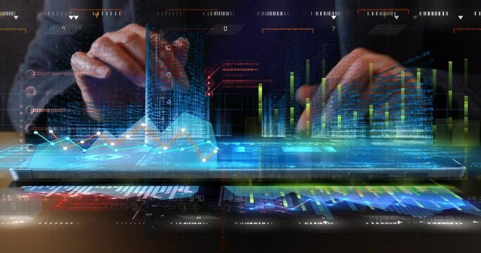 4K tablet computer keyboard input closeup; financial chart with digital city background;seamless loop.Business tech digital Data trend hud Graph;Stock Market;Changing Economic node line.