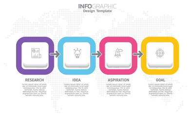 Business infographic 4 steps to success with research idea inspiration and goal.