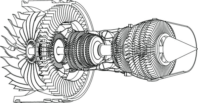 Jet engine isometrics. Vector line illustration. Concept vector illustration of advanced technology development, inheritance of skilled techniques and space development.