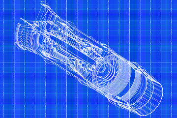 Jet engine isometrics on blue graph paper. Vector line illustration. Concept vector illustration of advanced technology development, inheritance of skilled techniques and space development.