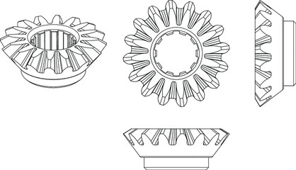 Three-sided view and isometrics of a Bevel Gear. Vector line illustration.