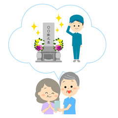 代行サービスの墓掃除をスマホで確認する老夫婦