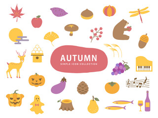 秋のシンプルなイラストアイコンセット / ノーマル / 紅葉、もみじ、食べ物、動物、ハロウィン、果物 , 月見