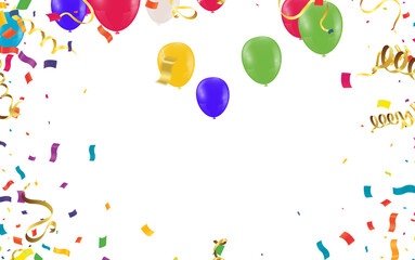 Happy Birthday Card Template with Balloons variety of colors, Ribbon Vector Illustration