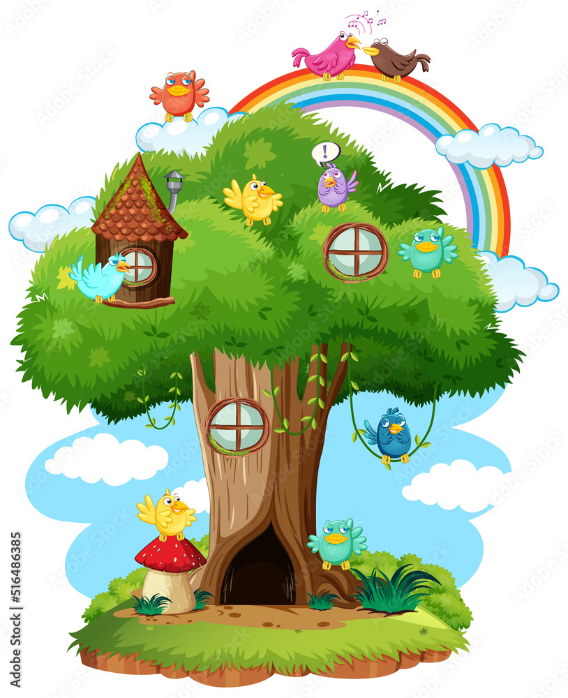 Wall mural Fairy tree house with many birds